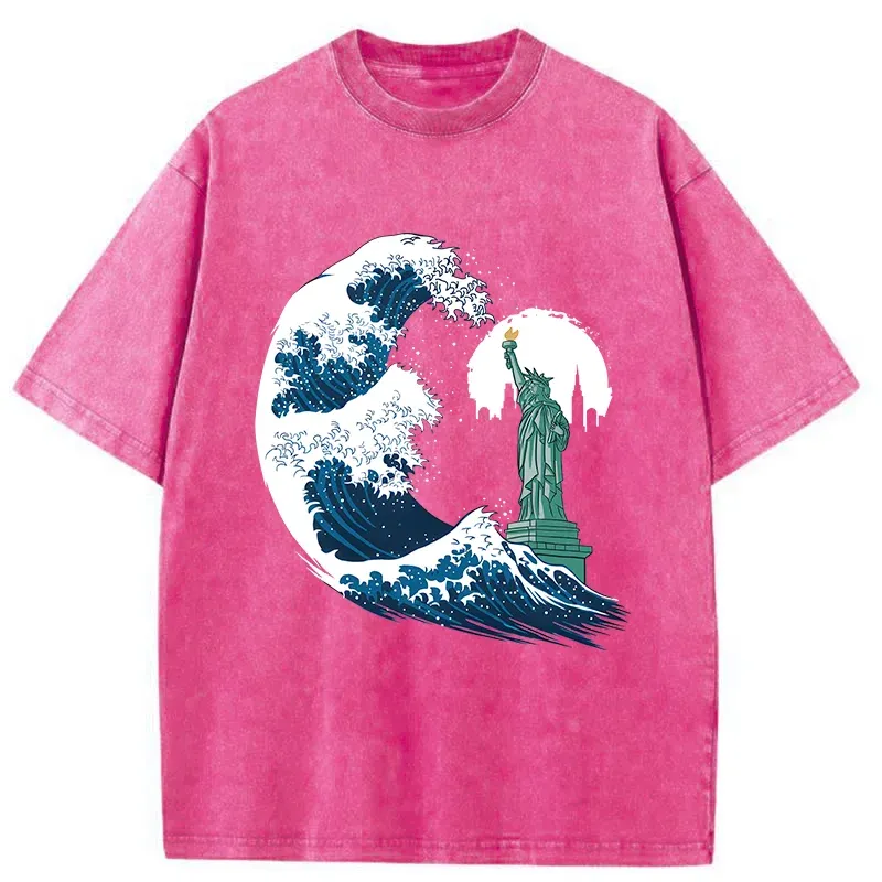 Tokyo-Tiger Waves And The Statue Of Liberty Washed T-Shirt