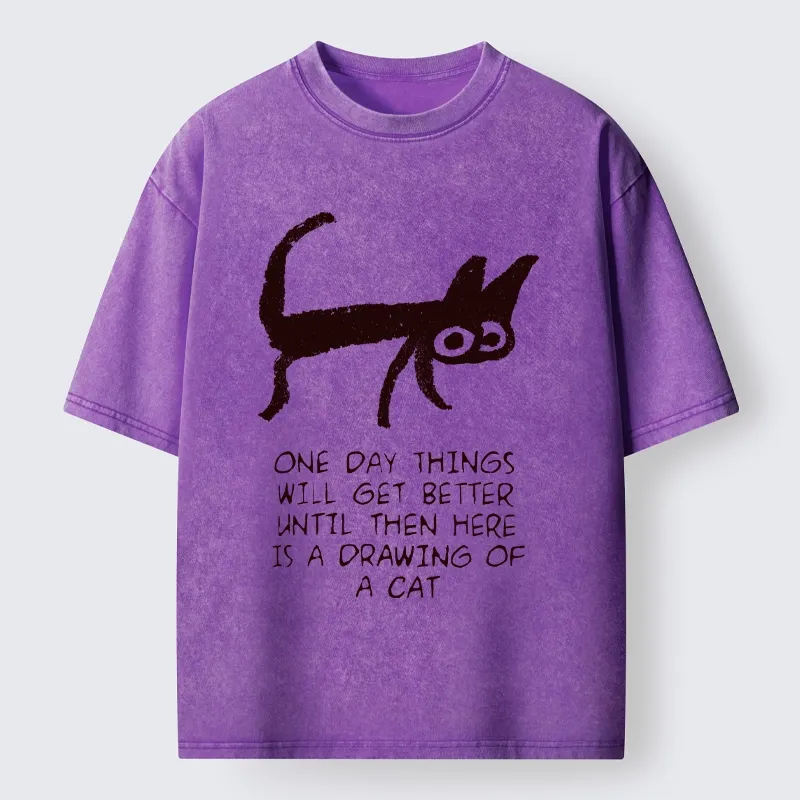 Tokyo-Tiger Cat Cheer Up Drawing Washed T-Shirt