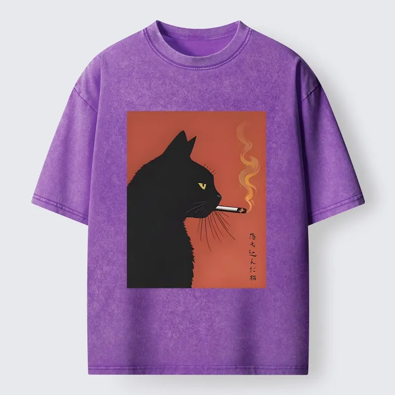 Tokyo-Tiger Black Cat With Cigarette Washed T-Shirt