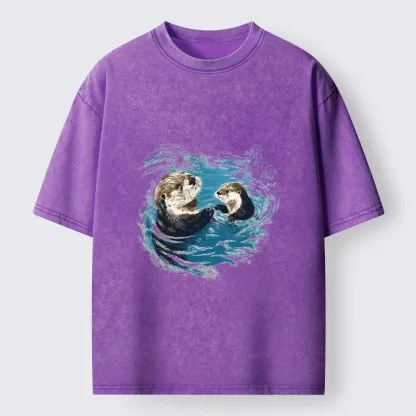 Tokyo-Tiger Meme Cute Otter Pair In Water Washed T-Shirt