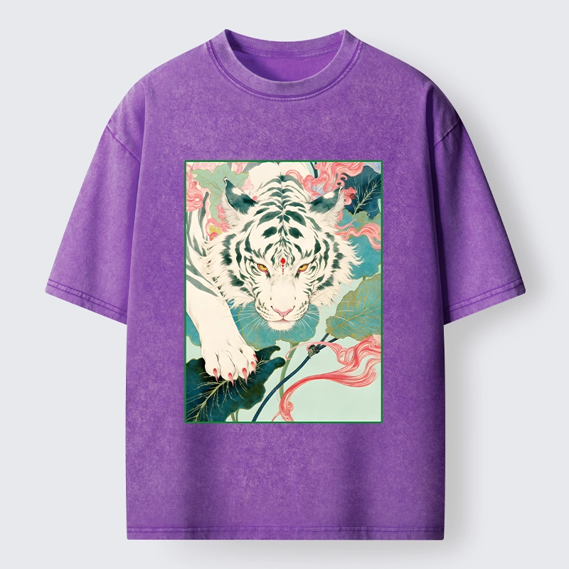 Tokyo-Tiger Oriental White Tiger Art Washed T-Shirt
