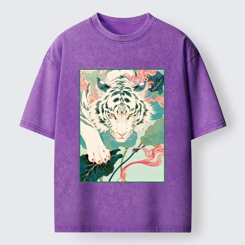 Tokyo-Tiger Oriental White Tiger Art Washed T-Shirt