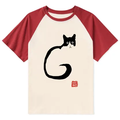 Tokyo-Tiger Calm Cat In Simple Lines Raglan T-shirt
