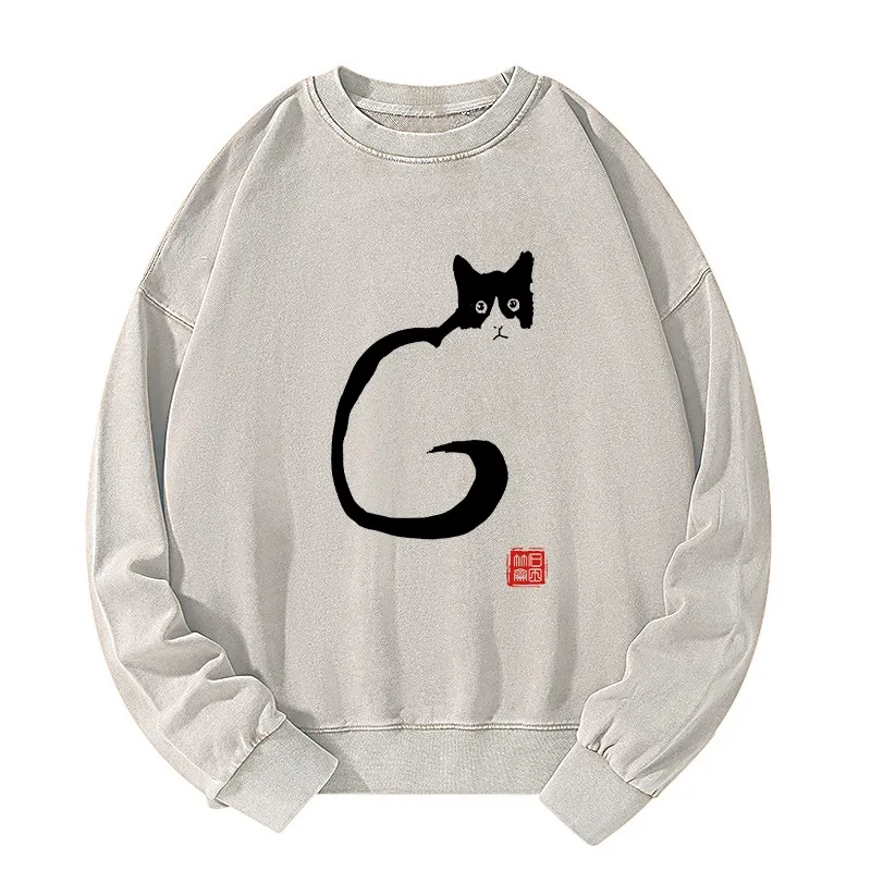 Tokyo-Tiger Calm Cat In Simple Lines Washed Sweatshirt Sale