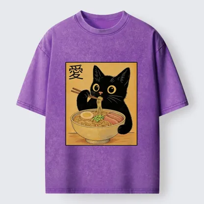 Tokyo-Tiger Cute Cat Eating Ramen Meme Washed T-Shirt