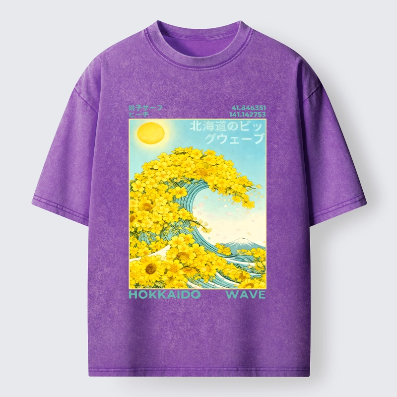 Tokyo-Tiger Sunny Yellow Flower Wave Art Washed T-Shirt