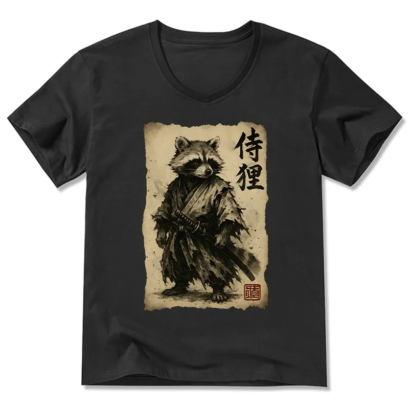 Tokyo-Tiger Retro Raccoon Samurai V-Neck Classic T-Shirt Sale