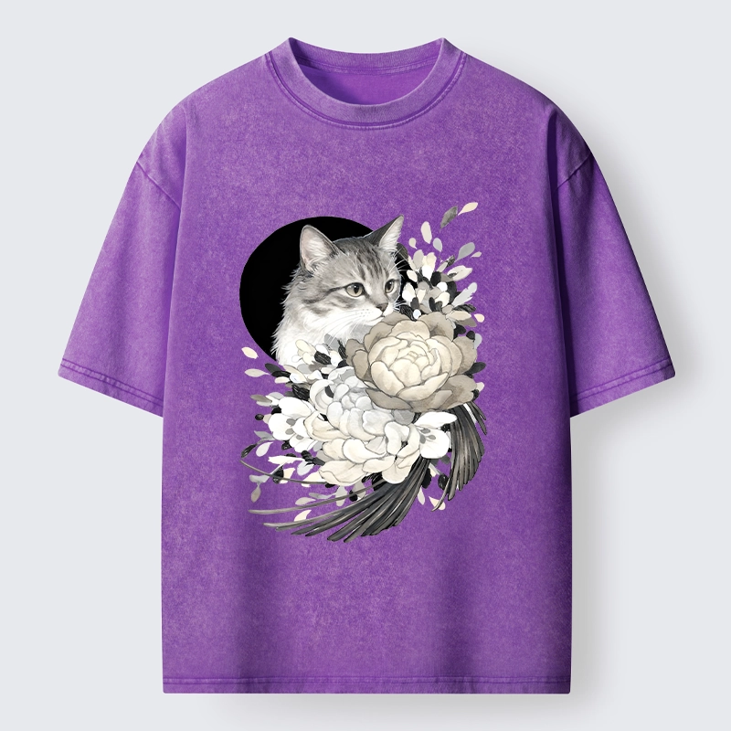 Tokyo-Tiger Graceful Cat In Floral Bouquet Washed T-Shirt