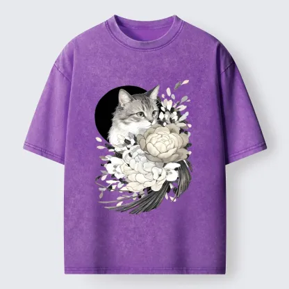Tokyo-Tiger Graceful Cat In Floral Bouquet Washed T-Shirt