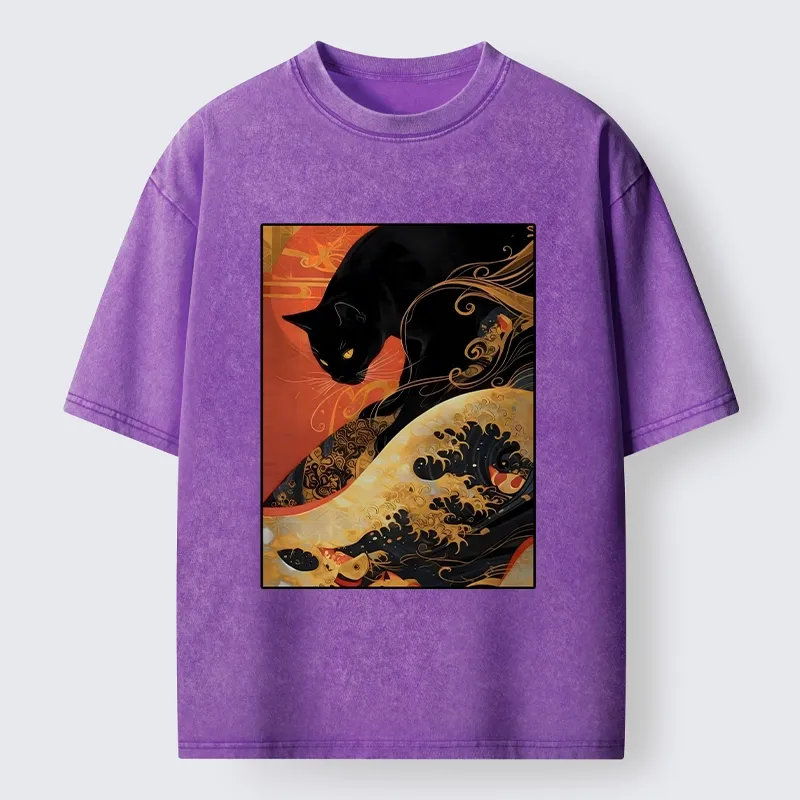 Tokyo-Tiger Japanese Style Black Cat Washed T-Shirt
