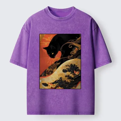 Tokyo-Tiger Japanese Style Black Cat Washed T-Shirt
