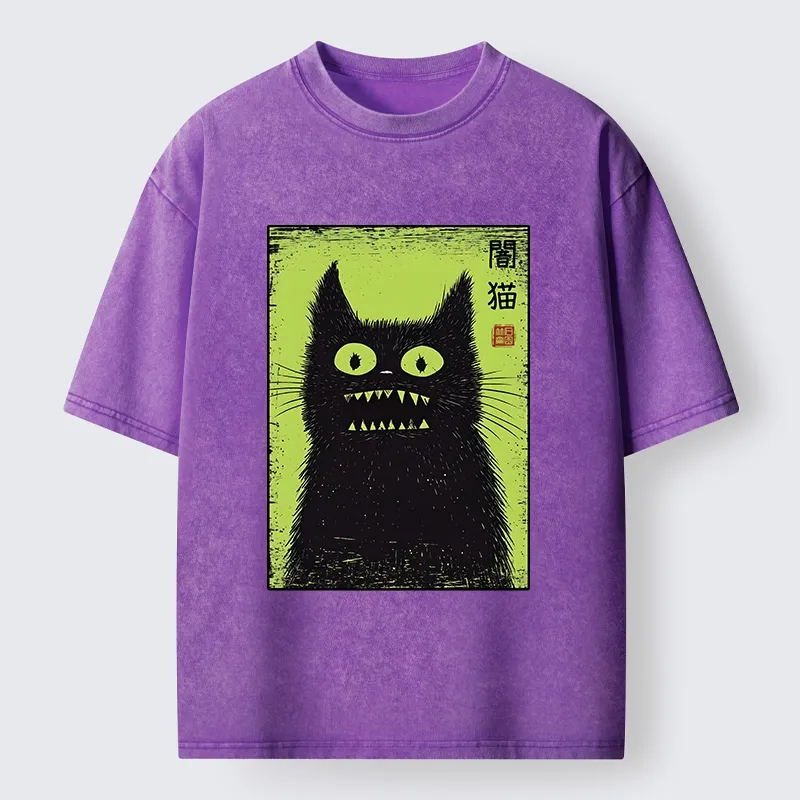 Tokyo-Tiger Spooky Black Cat Japanese Washed T-Shirt