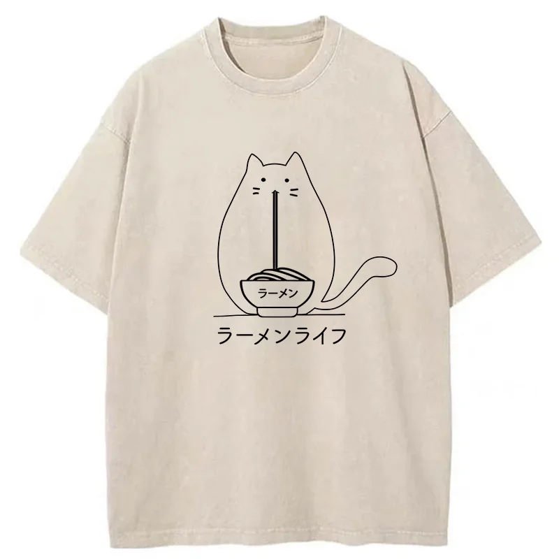 Tokyo-Tiger Funny Cat Eating Ramen Washed T-Shirt