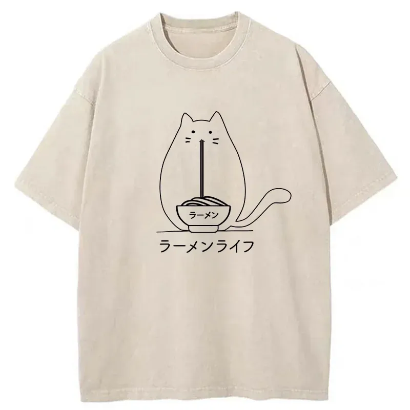 Tokyo-Tiger Funny Cat Eating Ramen Washed T-Shirt