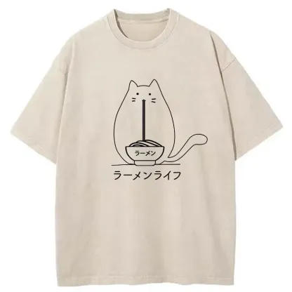 Tokyo-Tiger Funny Cat Eating Ramen Washed T-Shirt