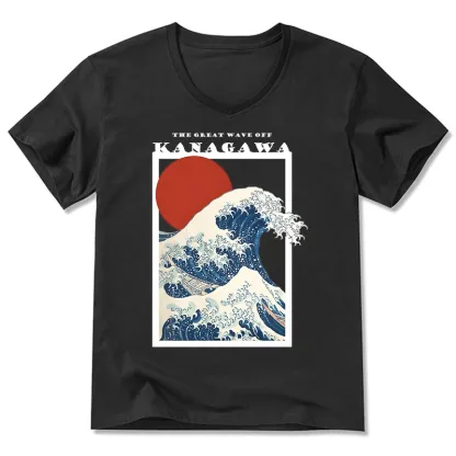 Tokyo-Tiger Minimalist Ukiyo-e Waves V-Neck Classic T-Shirt