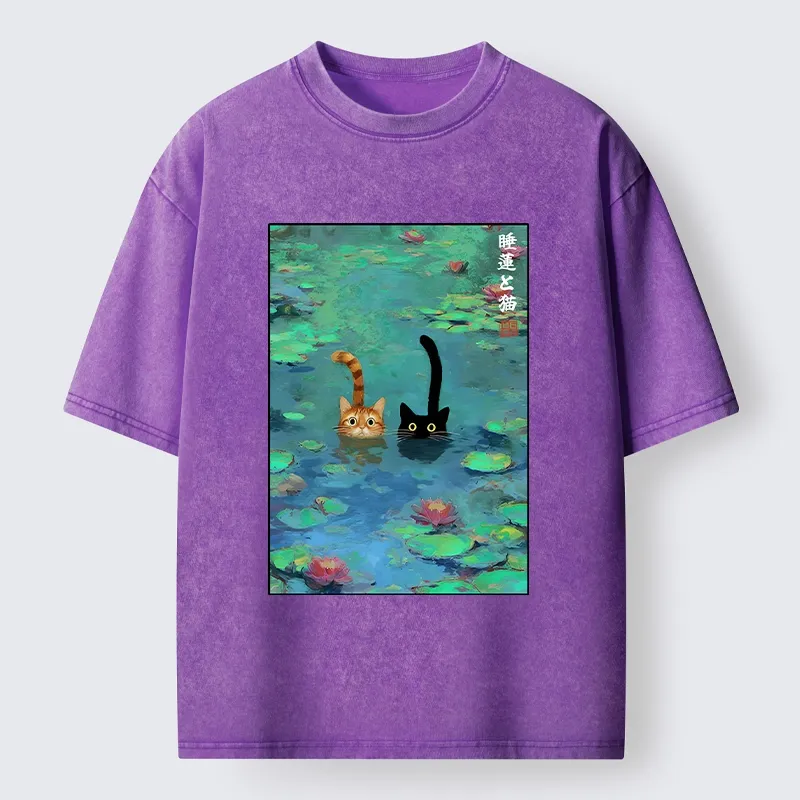 Tokyo-Tiger Funny Cats Swimming In Lilies Washed T-Shirt