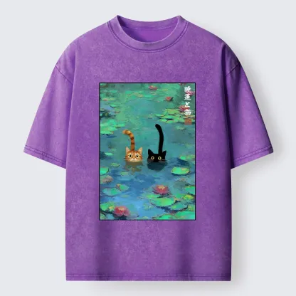 Tokyo-Tiger Funny Cats Swimming In Lilies Washed T-Shirt