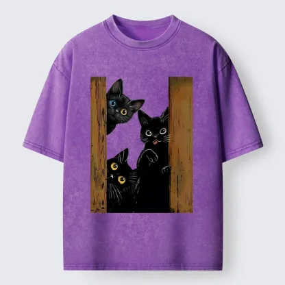 Tokyo-Tiger Funny Cats Spying On You Washed T-Shirt