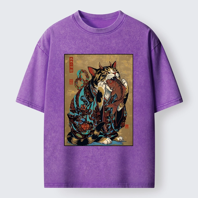 Tokyo-Tiger Samurai Cat Eating Fish Washed T-Shirt