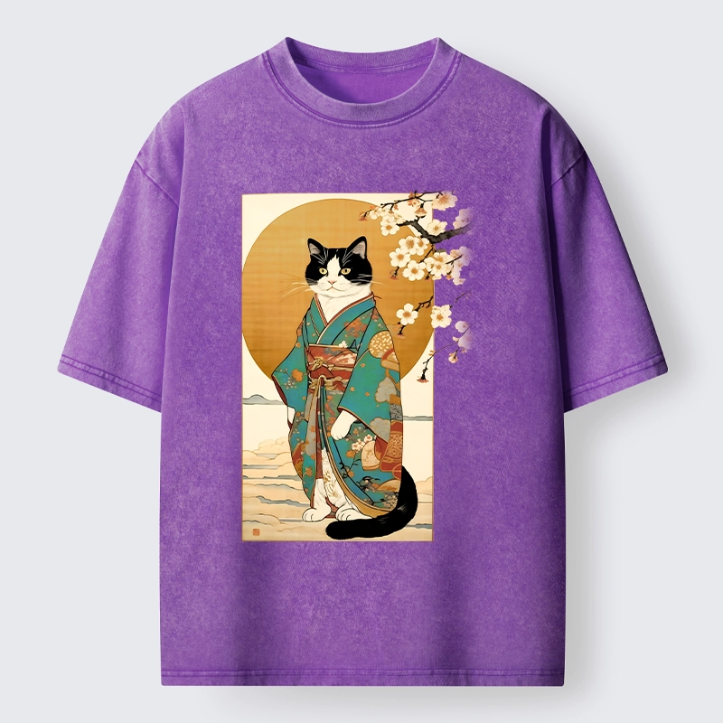 Tokyo-Tiger Elegant Cat In Traditional Kimono Washed T-Shirt