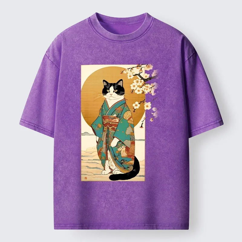 Tokyo-Tiger Elegant Cat In Traditional Kimono Washed T-Shirt
