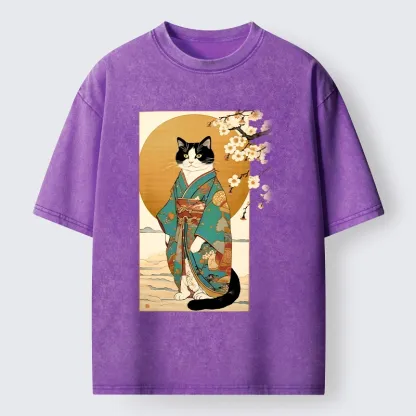 Tokyo-Tiger Elegant Cat In Traditional Kimono Washed T-Shirt