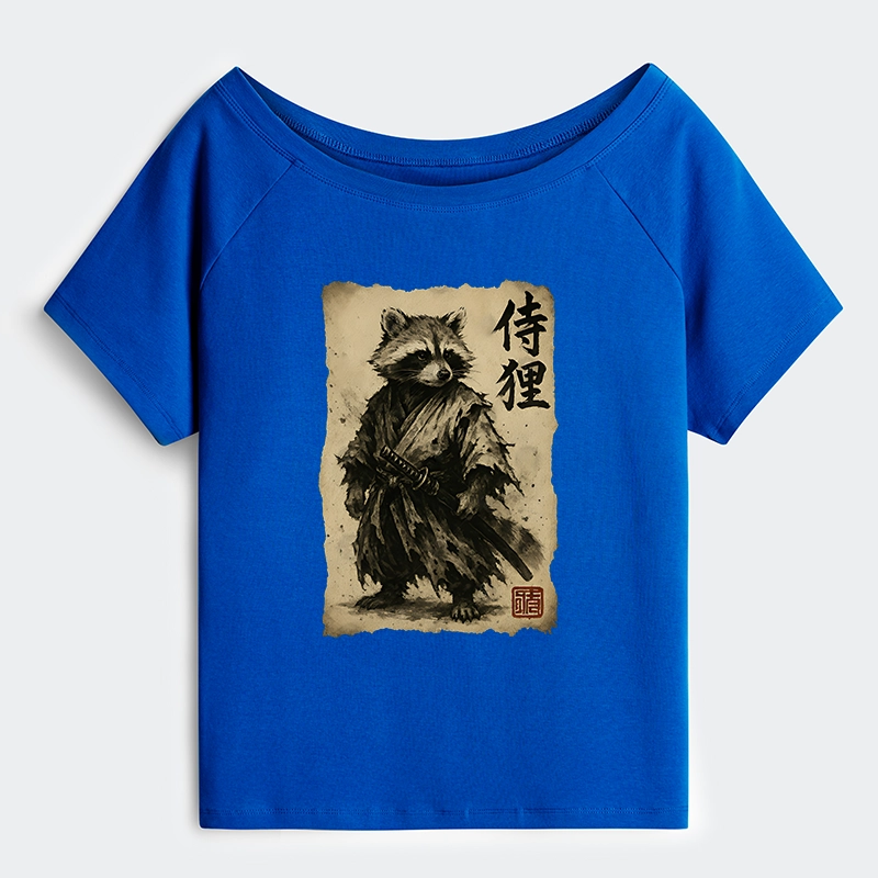 Tokyo-Tiger Retro Raccoon Samurai Off Shoulder T-Shirt