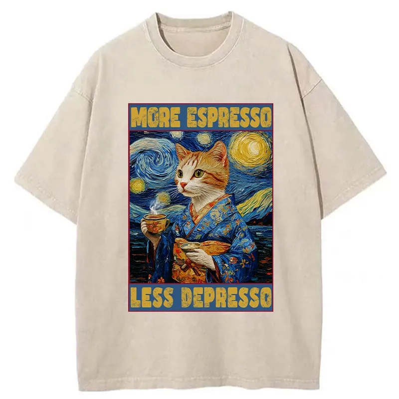 Tokyo-Tiger Funny More Espresso Less Depresso Washed T-Shirt
