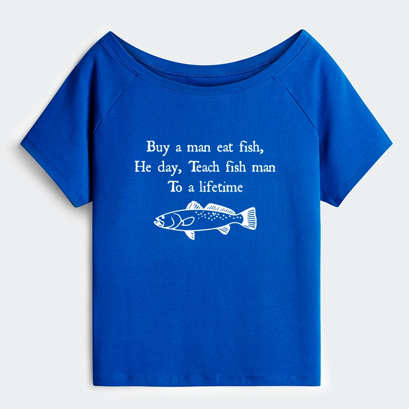 Tokyo-Tiger Man Eat Fish Meme Off Shoulder T-Shirt