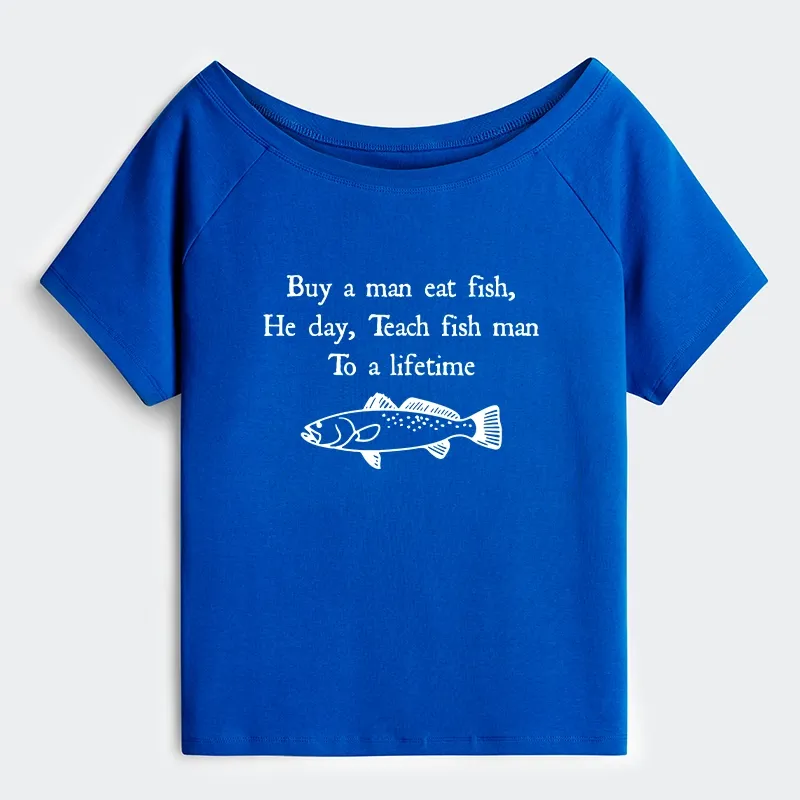 Tokyo-Tiger Man Eat Fish Meme Off Shoulder T-Shirt