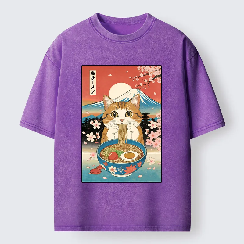 Tokyo-Tiger Orange Cat Eating Ramen Washed T-Shirt