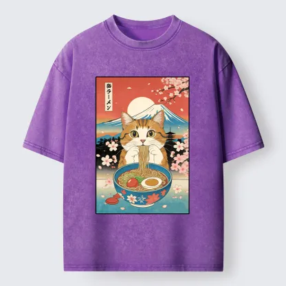 Tokyo-Tiger Orange Cat Eating Ramen Washed T-Shirt