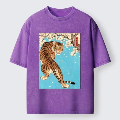 Tokyo-Tiger Fierce Tiger And Sakura Petals Washed T-Shirt