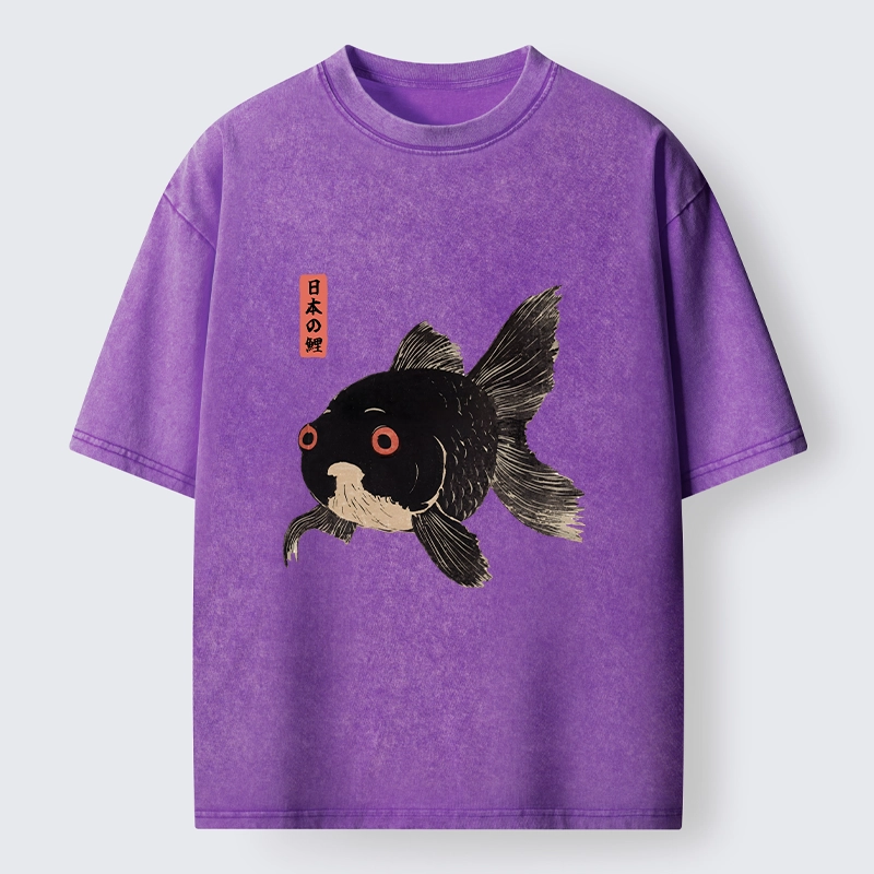 Tokyo-Tiger Japanese Black Goldfish Art Washed T-Shirt