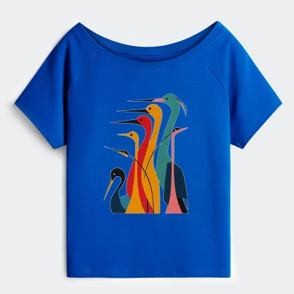 Tokyo-Tiger  Various Types Of Cranes Off Shoulder T-Shirt