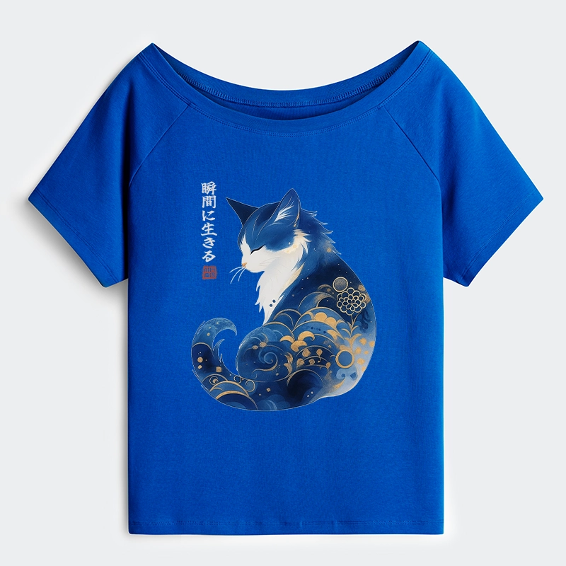 Tokyo-Tiger Retro Zen Cat: Living the Present Off Shoulder T-Shirt