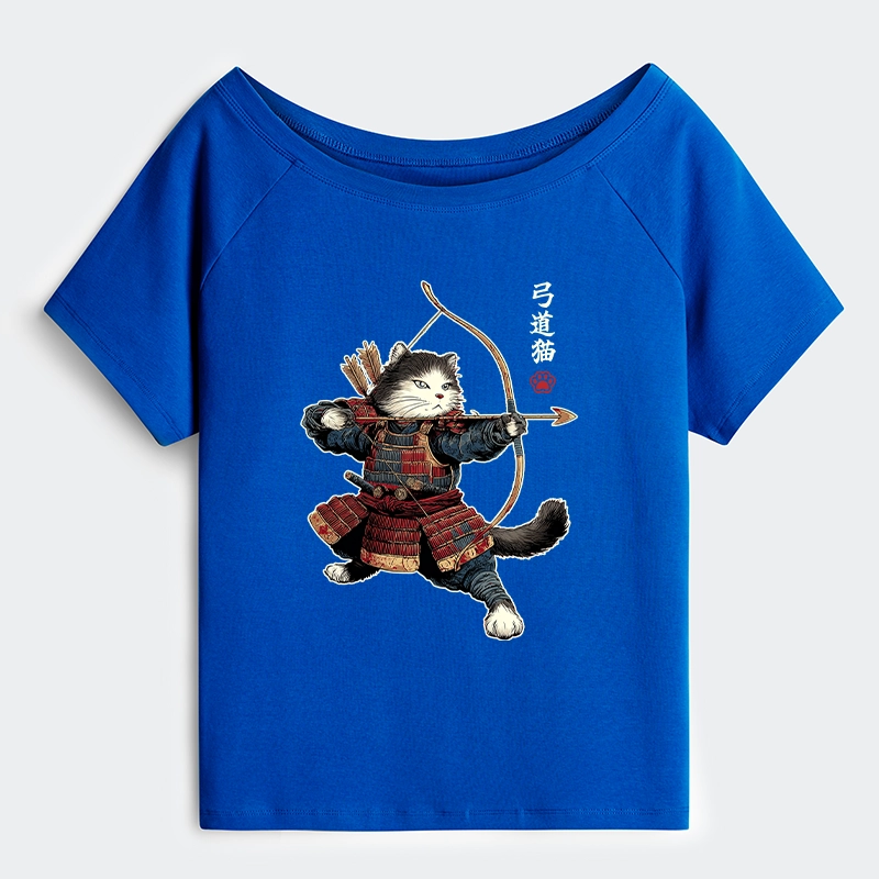 Tokyo-Tiger Kyudo Samurai Cat Off Shoulder T-Shirt