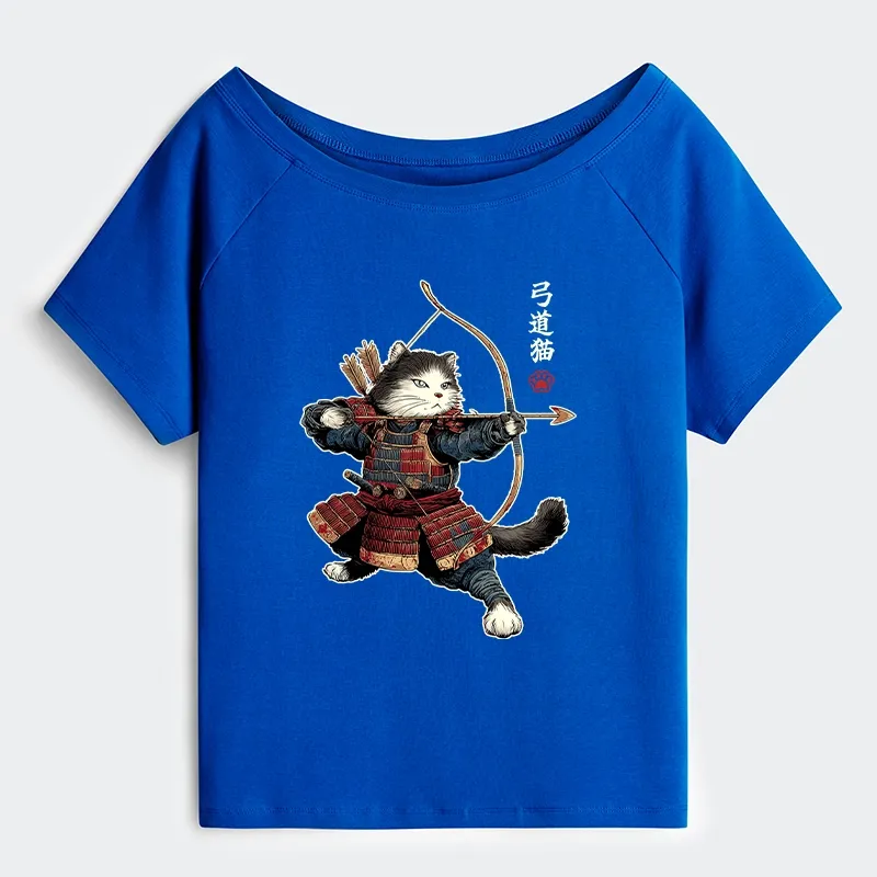 Tokyo-Tiger Kyudo Samurai Cat Off Shoulder T-Shirt
