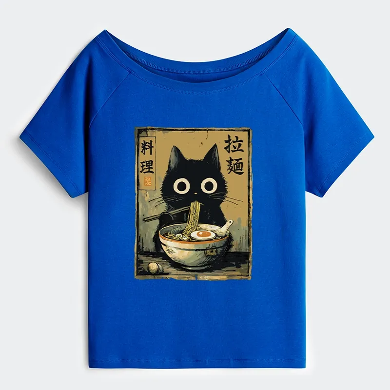 Tokyo-Tiger Cute Black Cat Eating Ramen Japan Off Shoulder T-Shirt