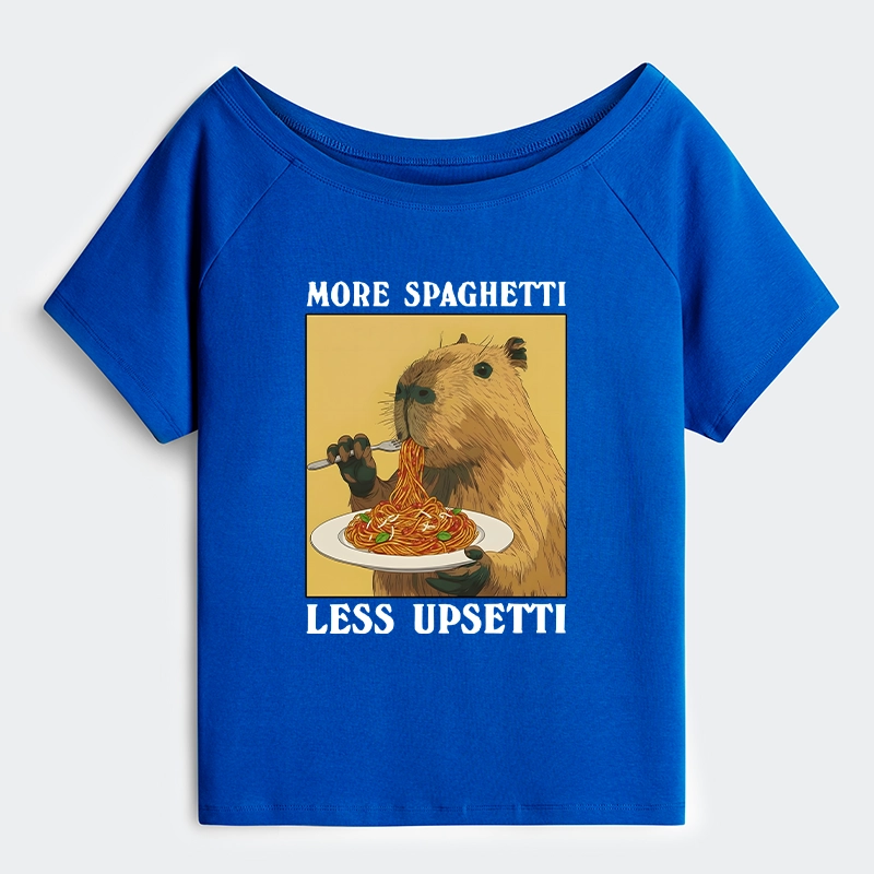 Tokyo-Tiger Capybara Eating Pasta Off Shoulder T-Shirt