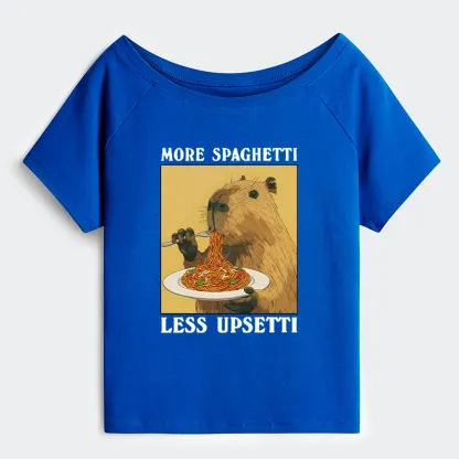 Tokyo-Tiger Capybara Eating Pasta Off Shoulder T-Shirt