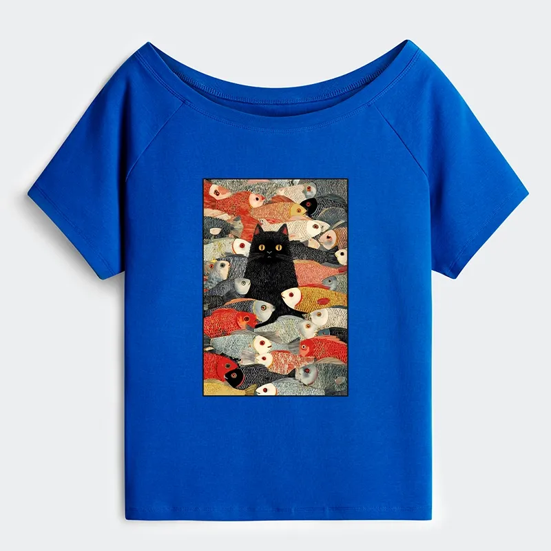 Tokyo-Tiger Cats And Fish Off Shoulder T-Shirt