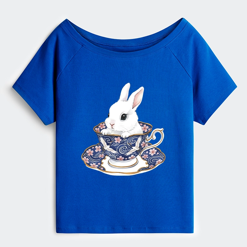 Tokyo-Tiger Cute Rabbit Tea Set Off Shoulder T-Shirt