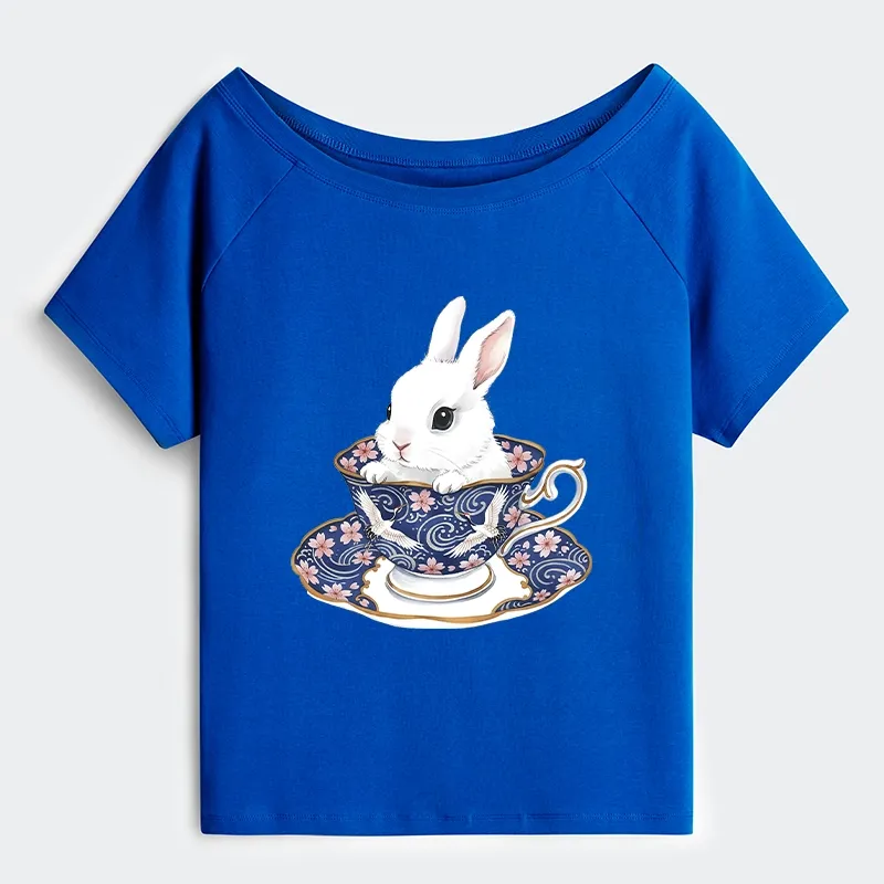 Tokyo-Tiger Cute Rabbit Tea Set Off Shoulder T-Shirt