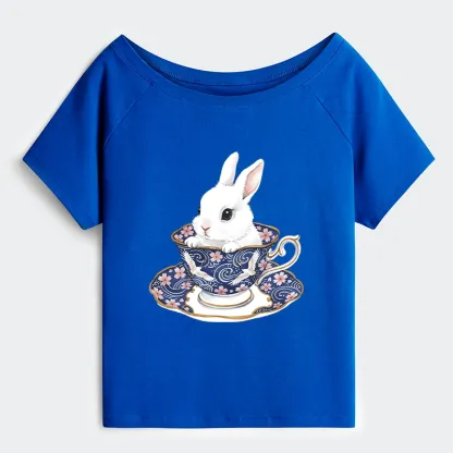 Tokyo-Tiger Cute Rabbit Tea Set Off Shoulder T-Shirt