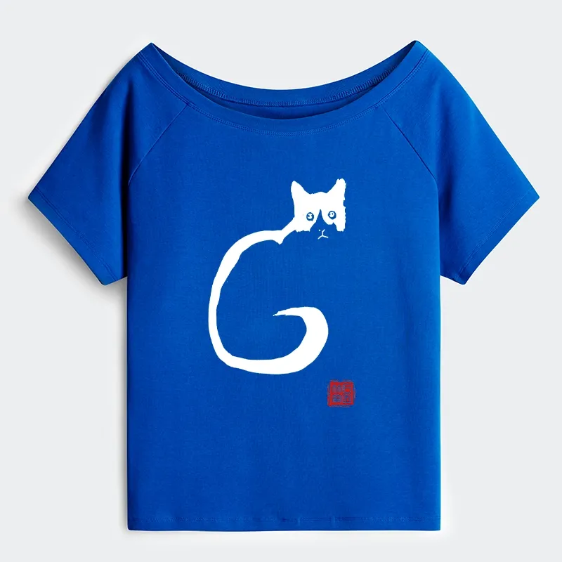Tokyo-Tiger Calm Cat In Simple Lines Off Shoulder T-Shirt