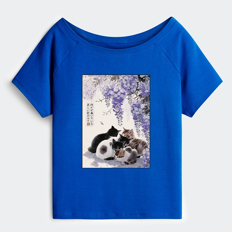 Tokyo-Tiger Cats plotting under the wisteria Off Shoulder T-Shirt