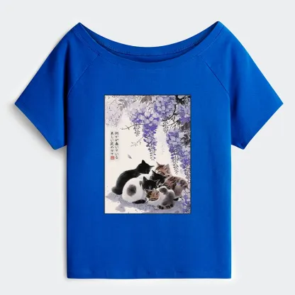 Tokyo-Tiger Cats plotting under the wisteria Off Shoulder T-Shirt