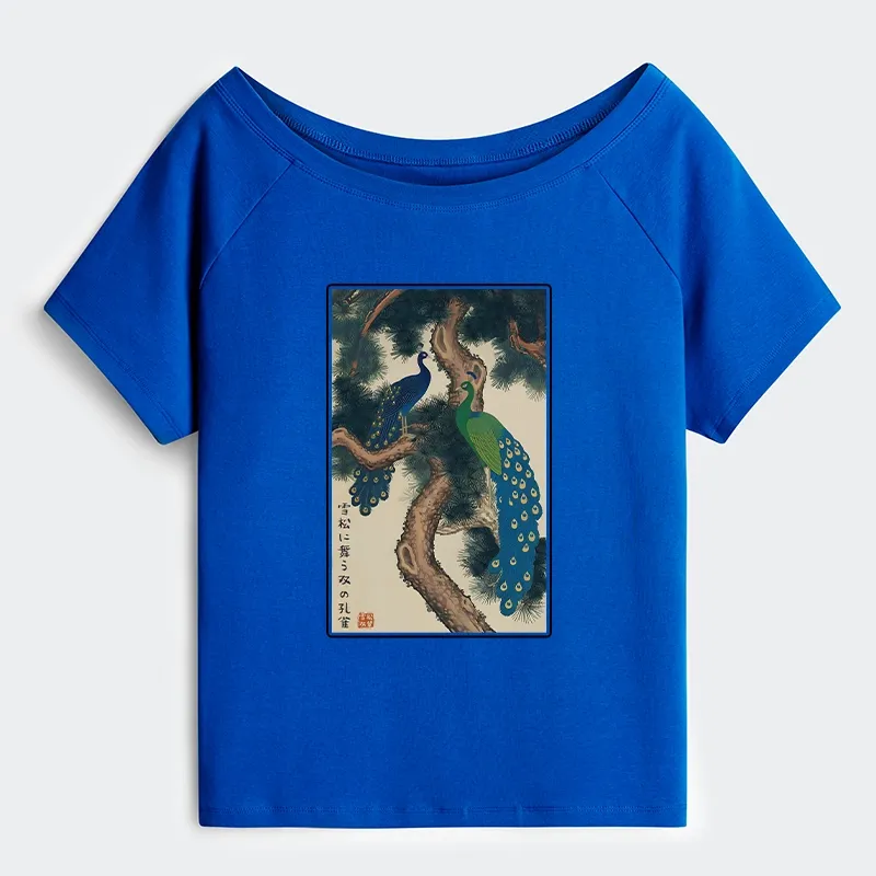 Tokyo-Tiger Peacocks in Snowy Pines Off Shoulder T-Shirt